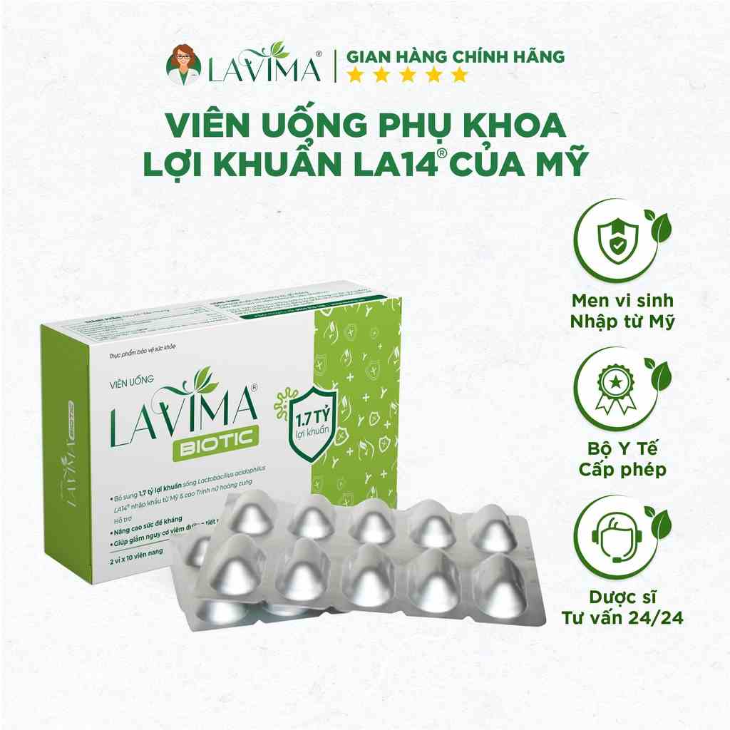 Viên Uống Phụ Khoa, Men Vi Sinh Vùng Kín LAVIMA BIOTIC 20 Viên, Giảm Khí Hư, Ngứa Rát, Ngăn Ngừa Tái Phát