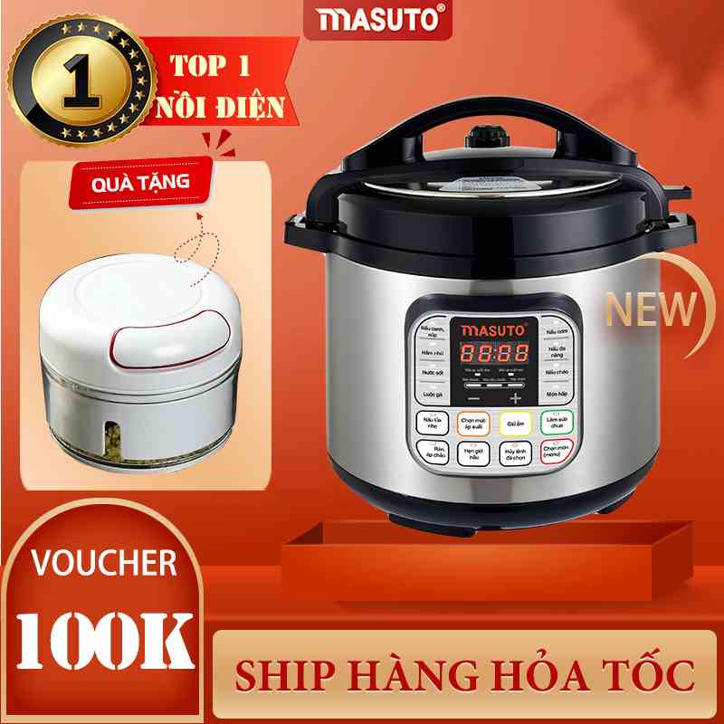 Nồi áp suất điện Masuto 6L van xả đôi tự động điều khiển cảm ứng 1 chạm phiên bản nâng cấp 2023 tặng máy xay tỏi