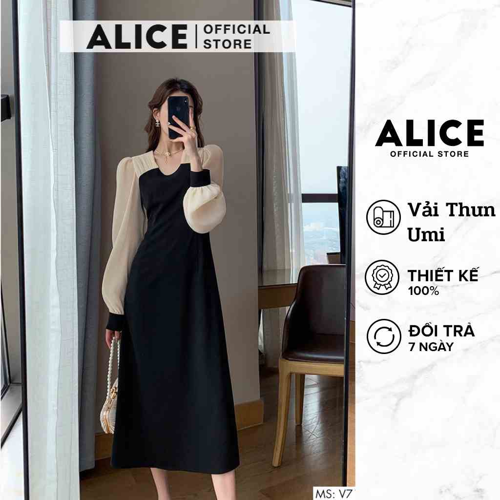 Váy Dài Tay Tiểu Thư ALICE V717, Thiết Kế Ôm Eo Tôn Dáng Bo Cổ Tay Sang Chảnh