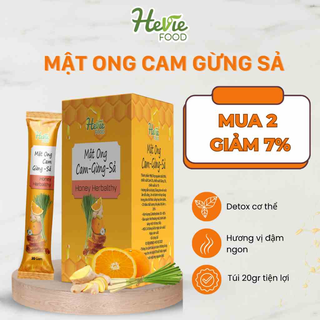 Mật Ong Cam Gừng Sả herbalthy dưỡng da đẹp dáng 20 túi x 20gr Heviefood