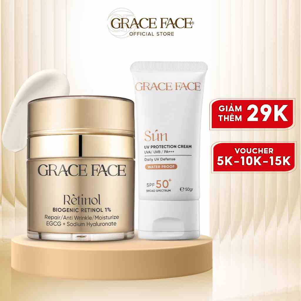 Combo kem dưỡng Biogenic Retinol 1% 30ml và kem chống nắng UV Protection Cream Grace Face 50ml