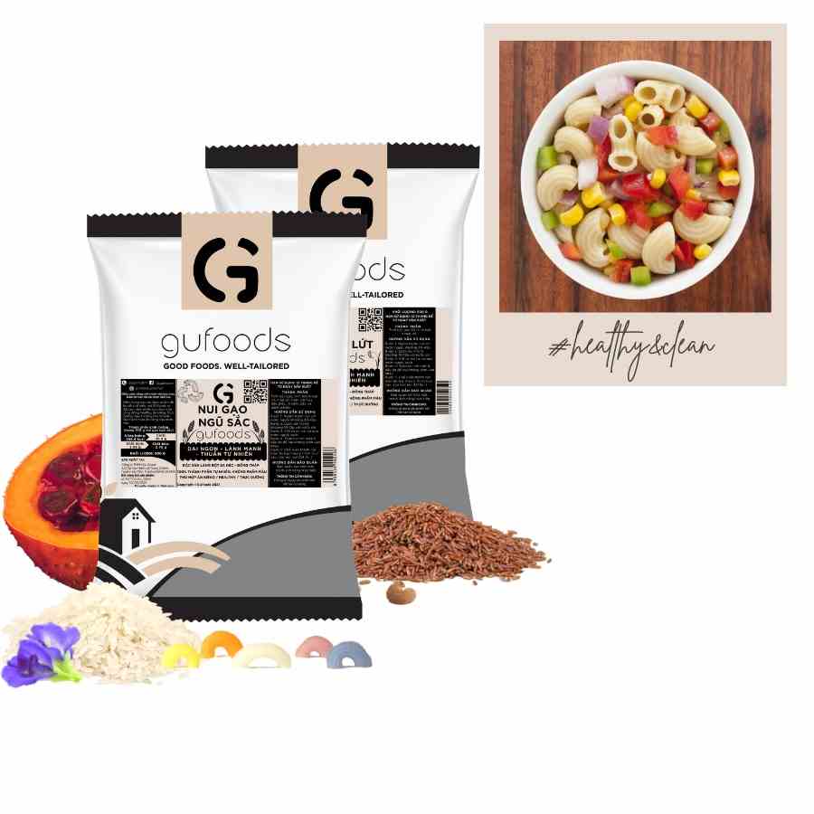 Combo 2 gói Nui gạo lứt/ nui ngũ sắc GUfoods (Gói 500g) - Dai ngon, Tiện lợi, Healthy, Eat clean, Thực dưỡng, Thuần chay