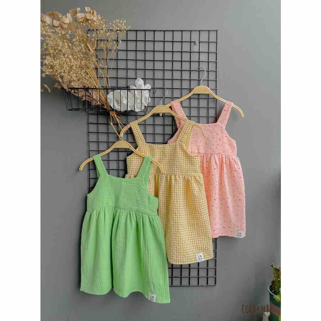 Đầm công chúa dáng xoè babydoll hai dây cotton muslin hoạ tiết dành cho bé gái - Ecobambi