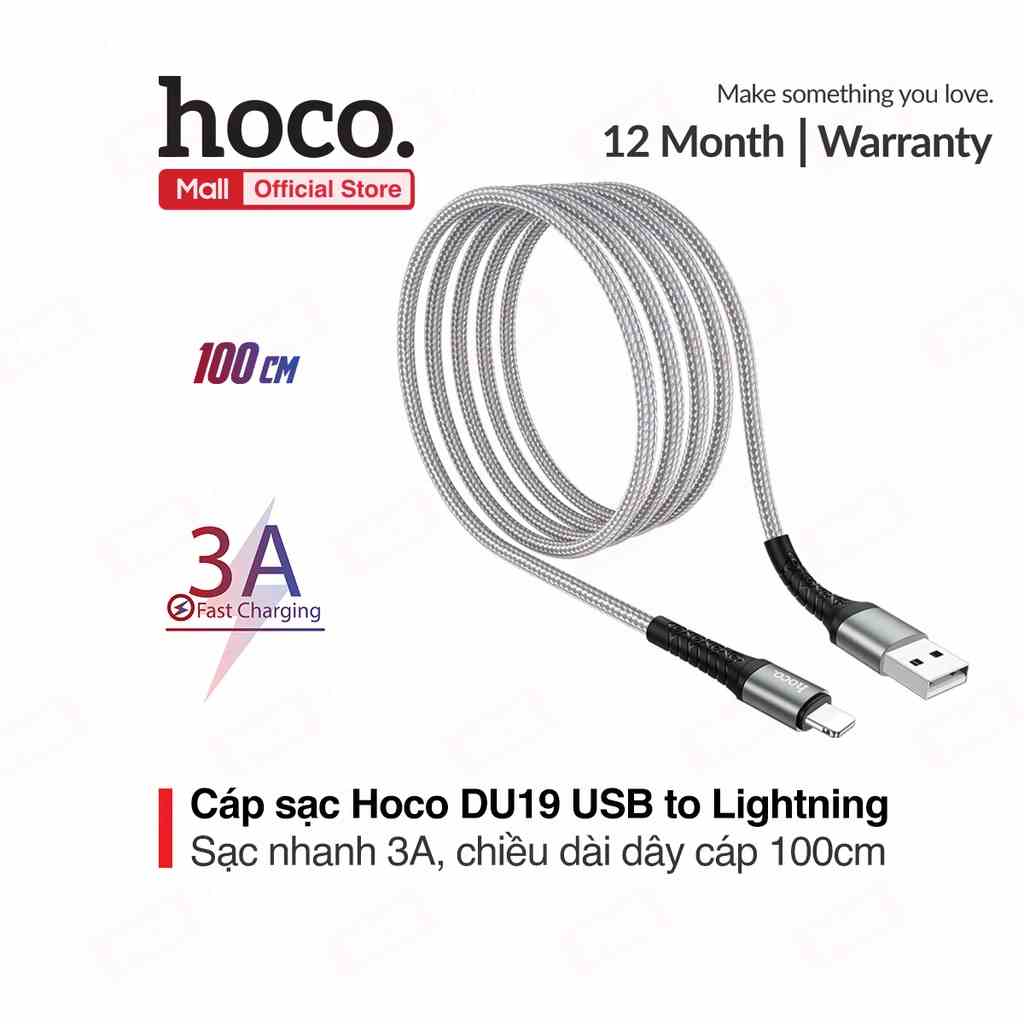 Cáp sạc và truyền dữ liệu Hoco DU19 USB to Lightning hỗ trợ sạc nhanh 3A dây dù chống đứt dài 100cm ( Xám)