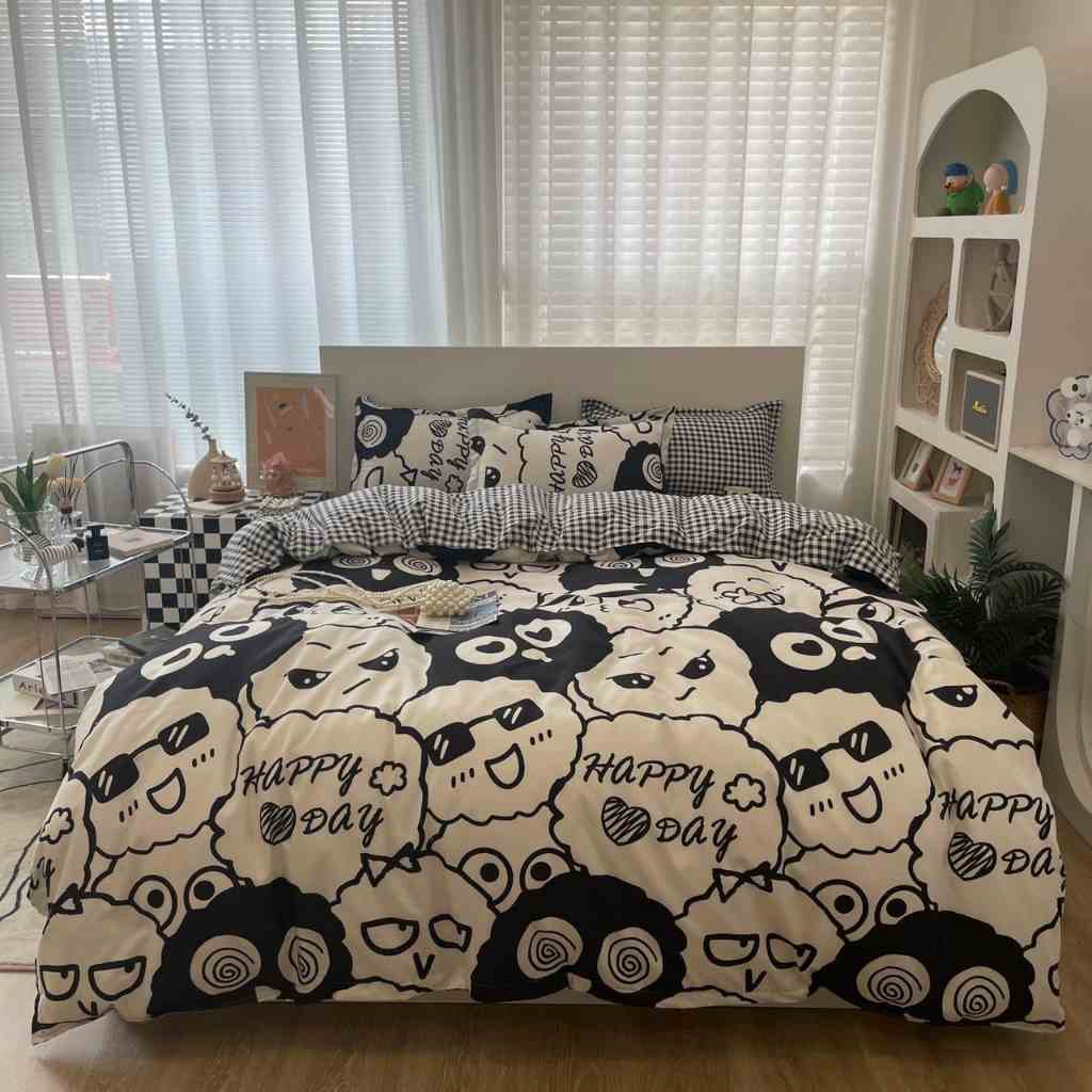 Bộ chăn ga gối cotton poly Lidaco decor phòng ngủ vintage các mẫu con vật hoạt hình