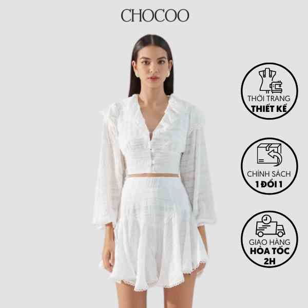 Set đồ nữ CHOCOO Roxana áo dài tay croptop x chân váy ngắn xòe màu trắng chất voan cao cấp