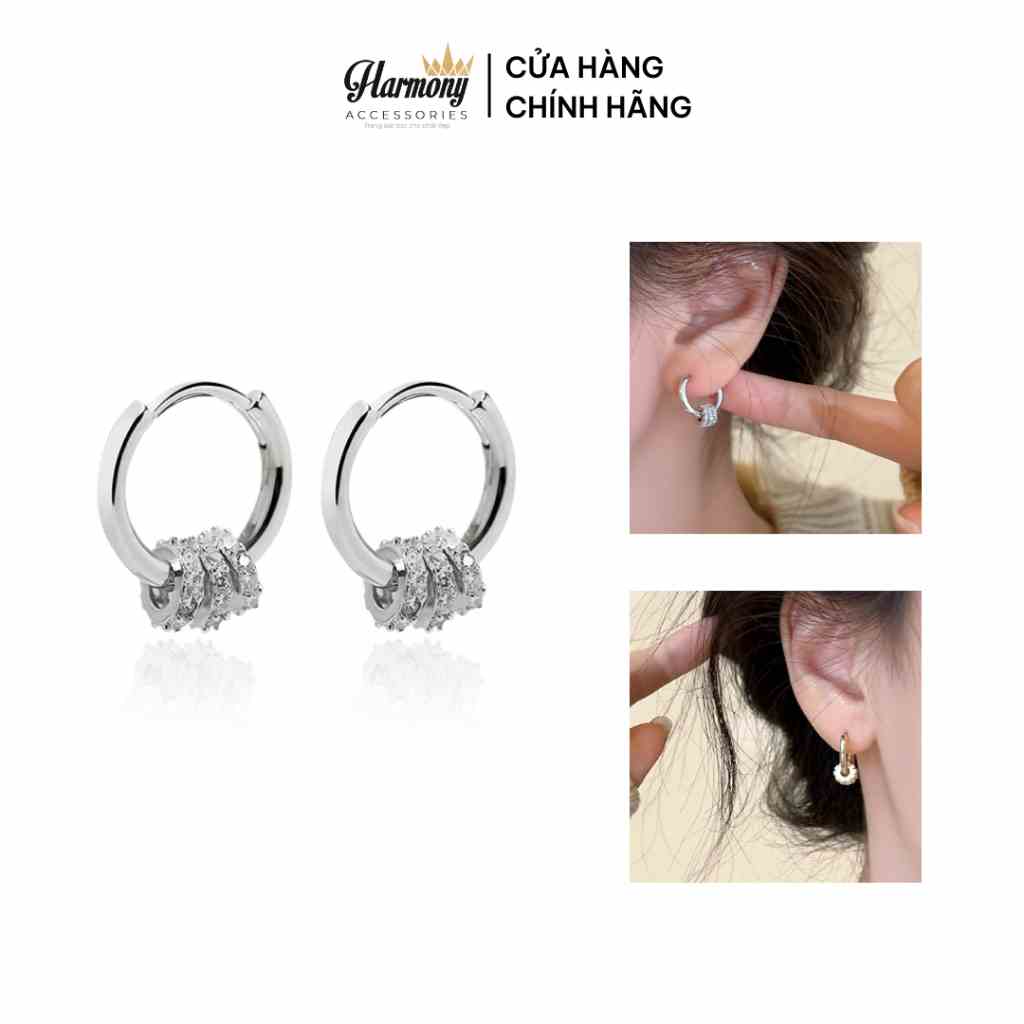 Khuyên tai tròn nữ bạc 925 vòng đính đá 2 màu bạc xi kim và vàng Three Rings | HARMONY ACCESSORIES K160