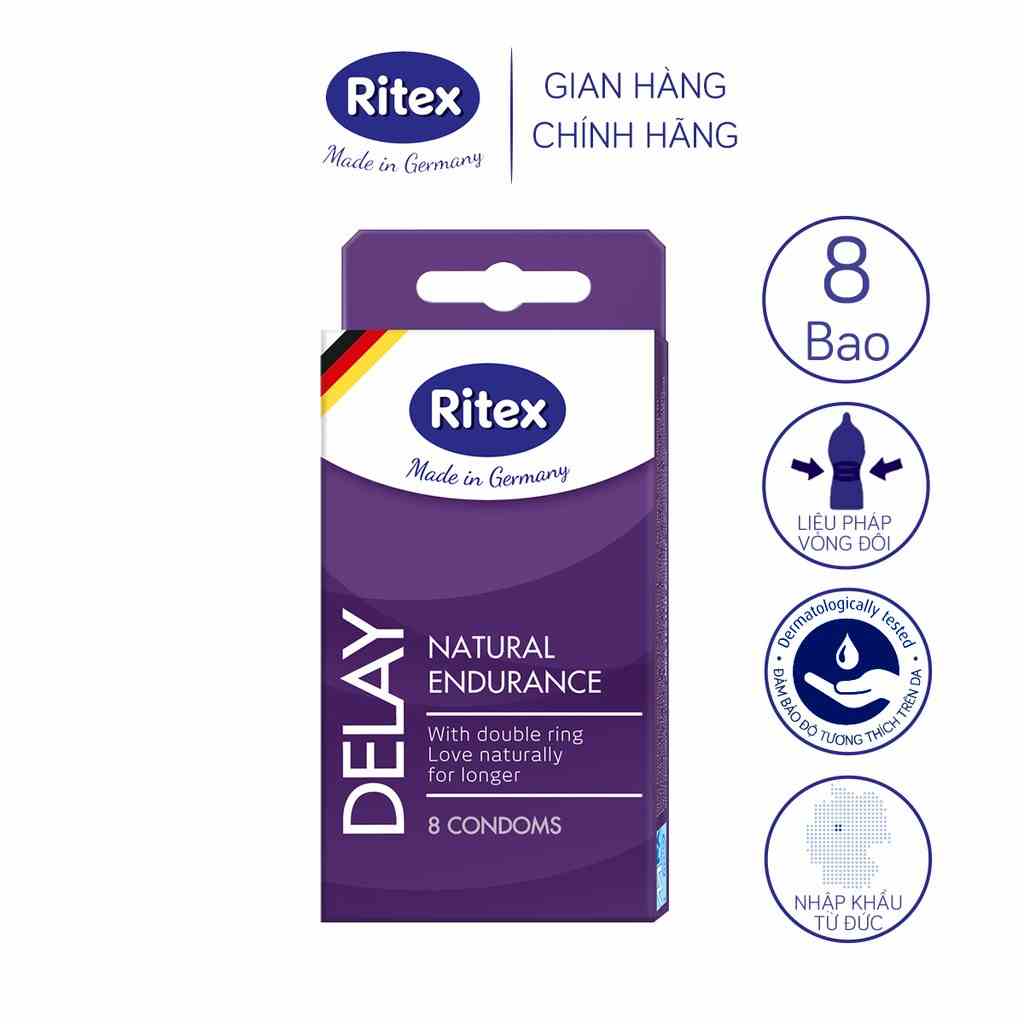 Bao cao su Ritex Delay kéo dài thời gian hộp 8 bao - Hàng nhập khẩu chính hãng- RD002