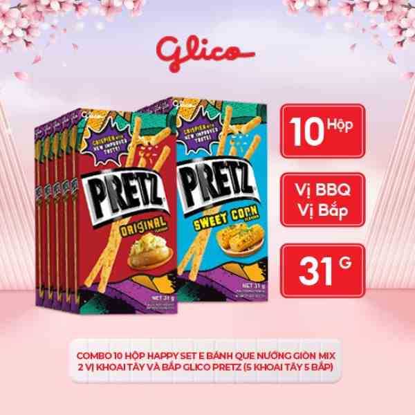 Combo 10 hộp Happy Set E Bánh que nướng giòn mix 2 vị khoai tây và bắp GLICO Pretz (5 khoai tây 5 bắp)