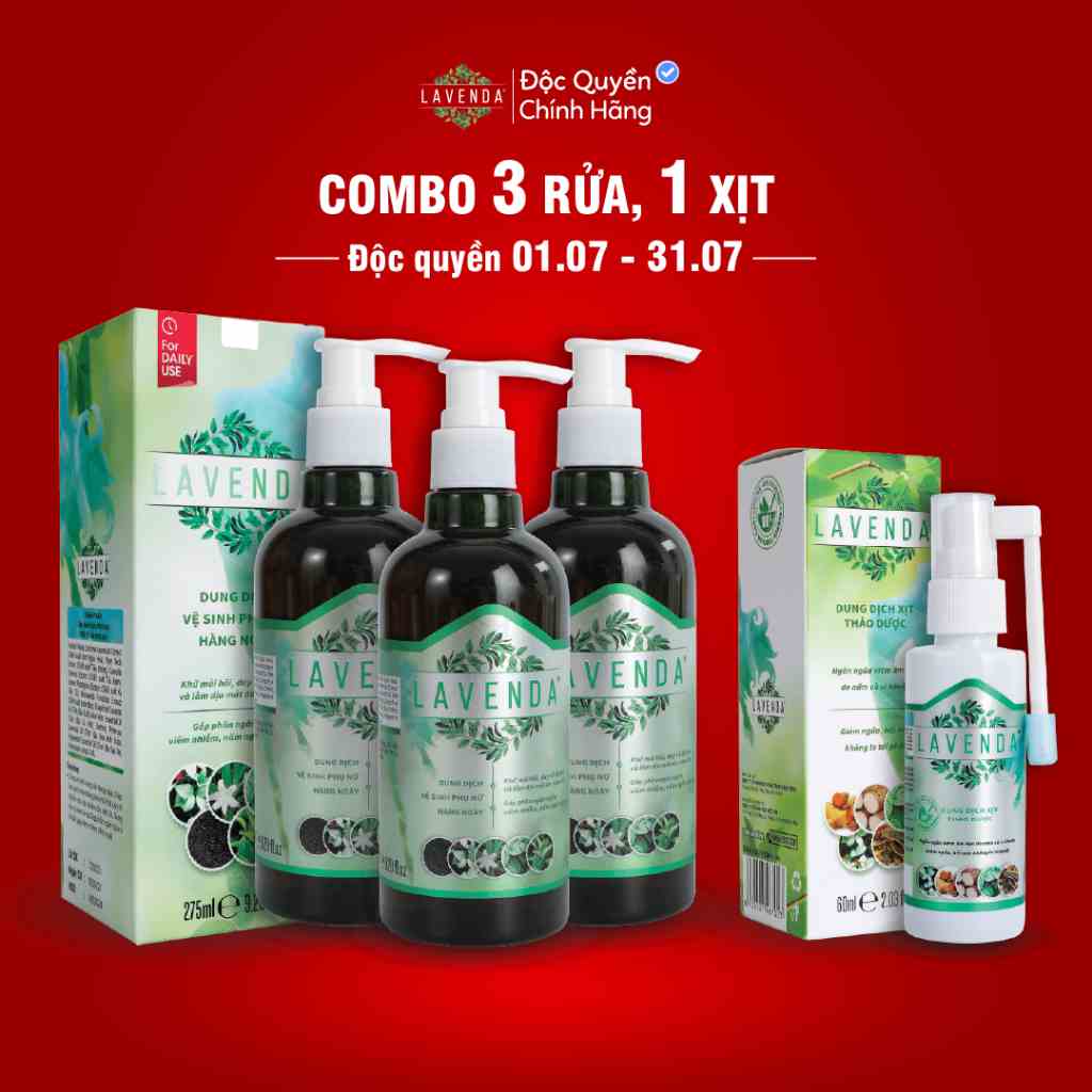 Combo khử nhanh Nấm ngứa, Khử mùi hôi, khí hư, Huyết trắng (1 xịt Lavenda 60 ml + 3 rửa Lavenda 275ml)