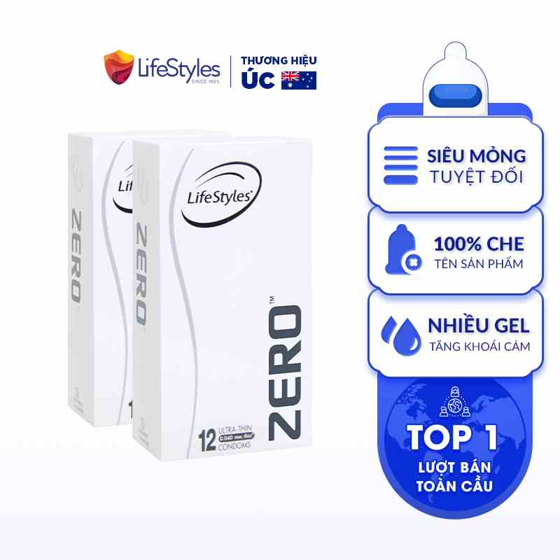 Combo 2 Bao Cao Su Siêu Mỏng Vô Hình Truyền Nhiệt Nhanh LifeStyles ZERO Nhiều Gel Bôi Trơn Tăng Khoái Cảm - Hộp 12 bao