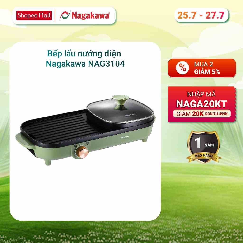 Bếp nướng lẩu điện đa năng Nagakawa NAG3104 (1500W - 1.7L) - Bảo hành 12 tháng - Hợp kim nhôm - Chống dính đa lớp