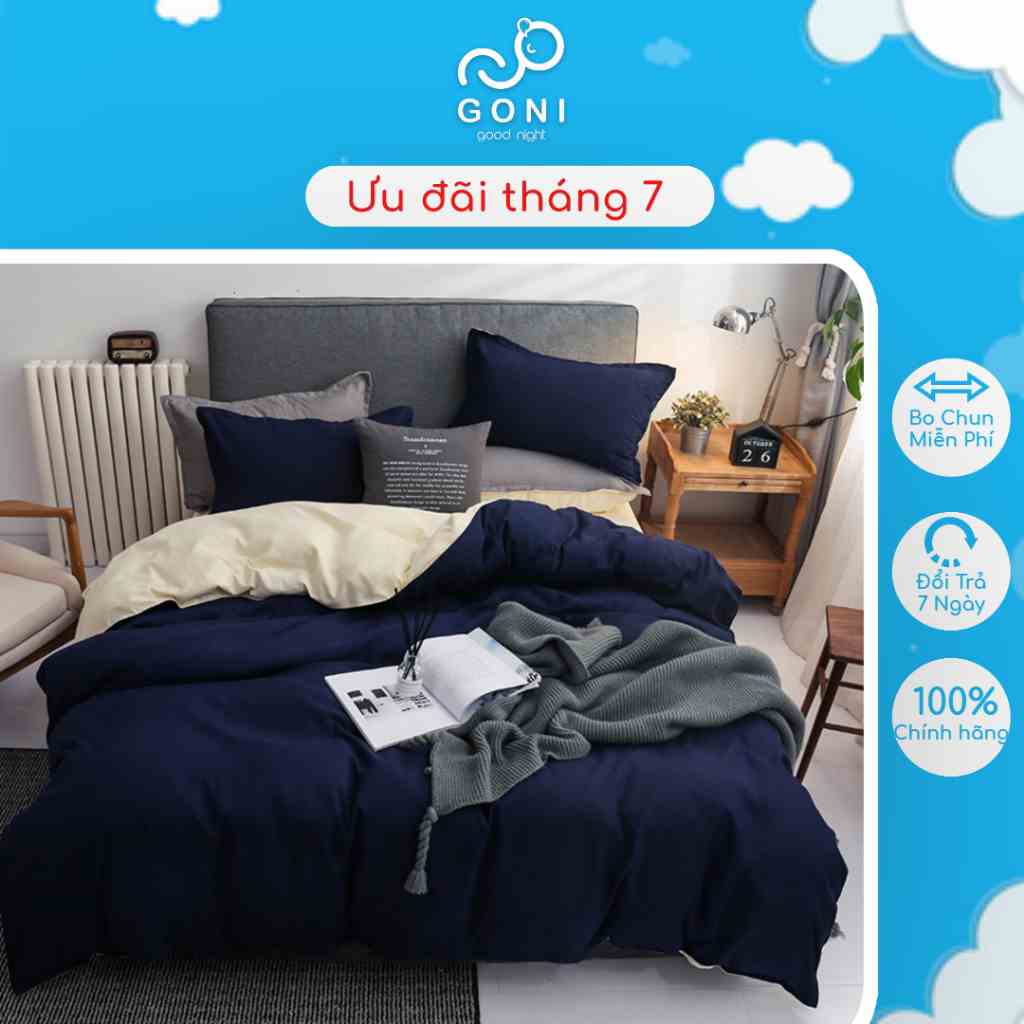 Bộ Chăn Ga Gối Cotton Tici GONI Drap Giường Phối Màu Xanh Navy Sữa Đủ Kích Thước Trải Nệm Không Kèm Ruột