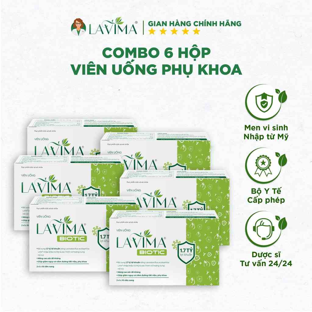 Combo 6 Hộp Viên Uống Phụ Khoa, Men Vi Sinh Vùng Kín LAVIMA BIOTIC 20 Viên, Giảm Khí Hư, Ngứa Rát, Ngăn Ngừa Tái Phát