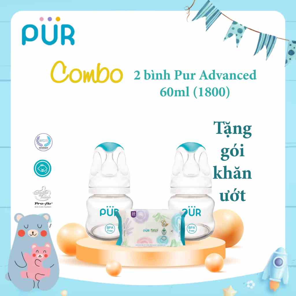 [Mã BMLTB35 giảm đến 35K đơn 99K] Combo 2 bình Pur Advanced 60ml cho bé từ 0-3 tháng, tặng gói khăn ướt