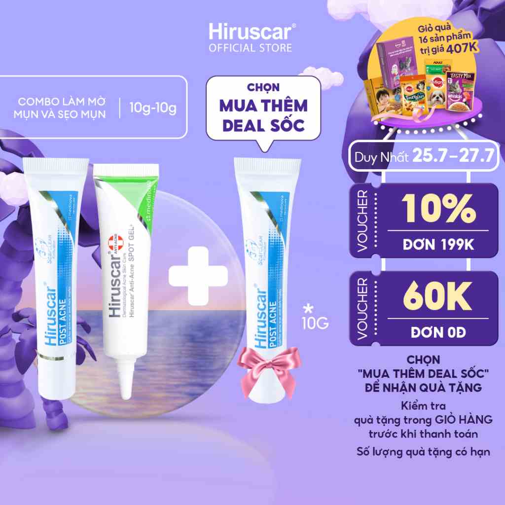 Bộ Gel chấm mụn Anti-Acne Spot 10g và Gel làm mờ sẹo mụn, thâm mụn Hiruscar Post Acne 10g