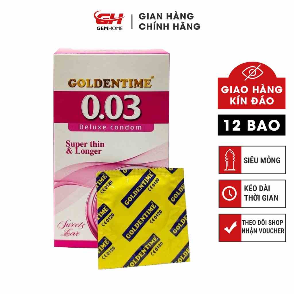 [Mã BMLTB35 giảm đến 35K đơn 99K] Bao cao su Goldentime 0.03 siêu mỏng chống tuột kéo dài thời gian hộp 12 bao GEMHOME