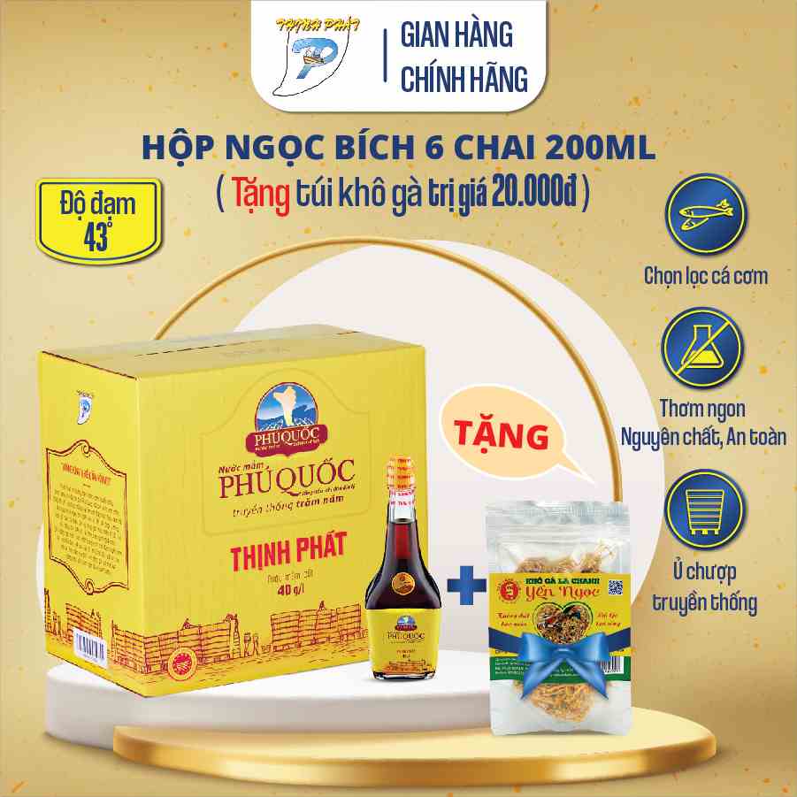 Combo 6 chai 200ml nước mắm truyền thống Phú Quốc Thịnh Phát chai Ngọc Bích 40 độ đạm