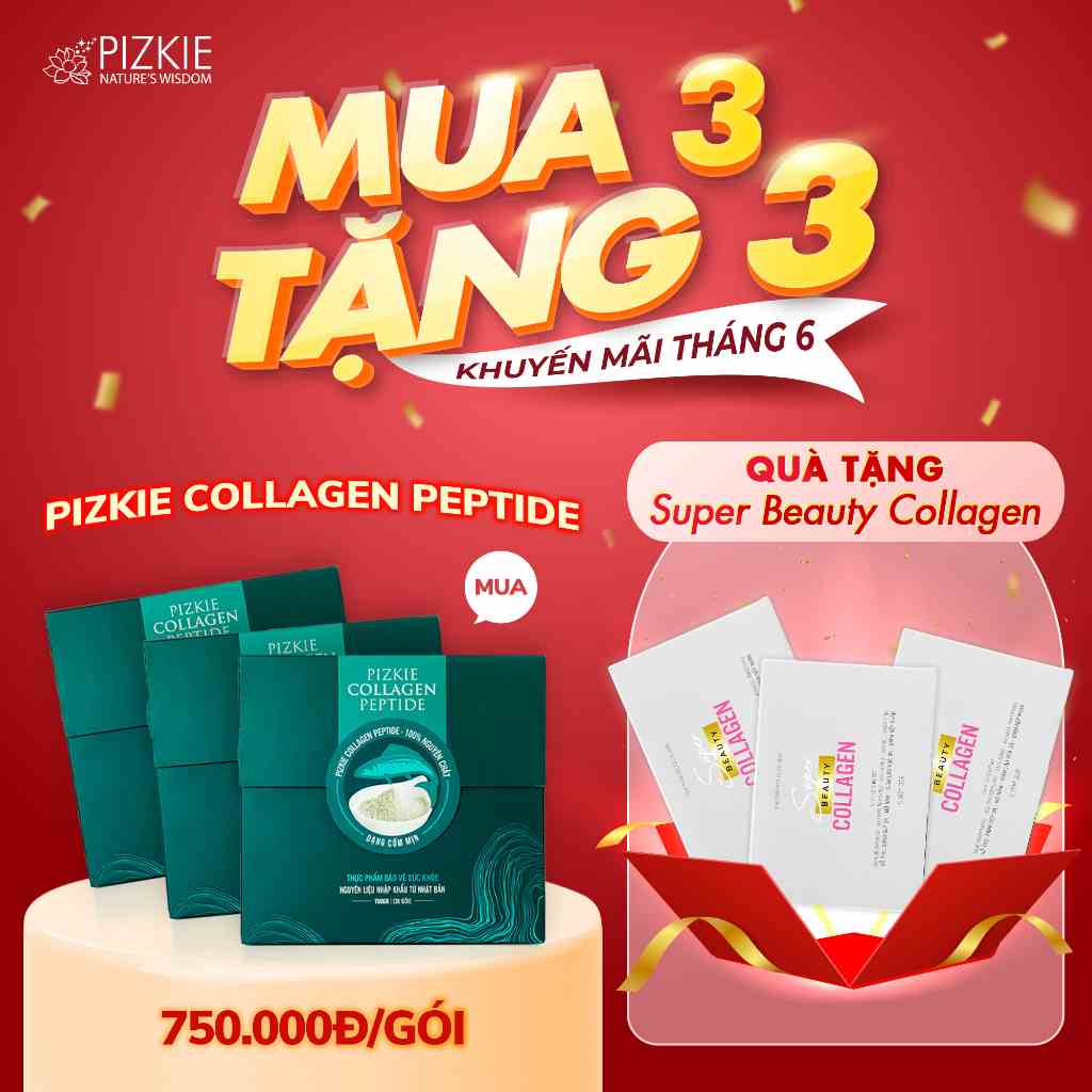 Collagen Cá Hồi PIZKIE COLLAGEN PEPTIDE Làm Đẹp Da 3 Hộp 90 Gói 5gr