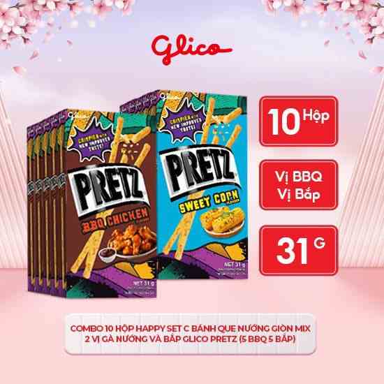 Combo 10 hộp Happy Set C Bánh que nướng giòn mix 2 vị gà nướng và bắp GLICO Pretz  (5 BBQ 5 bắp)