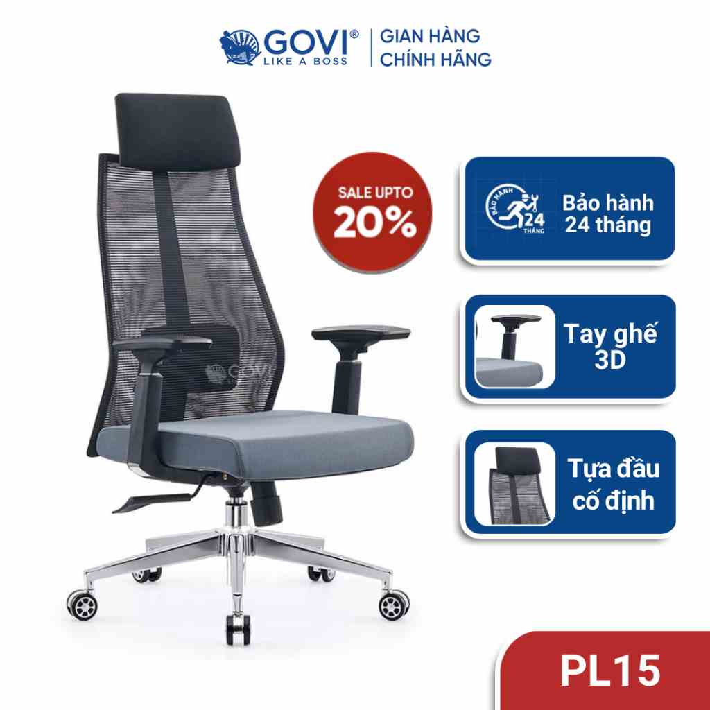 Ghế công thái học ghế xoay văn phòng GOVI Ergonomic Plato PL15 -Tựa đầu cố định, tựa tay nâng hạ, mâm ghế cố định