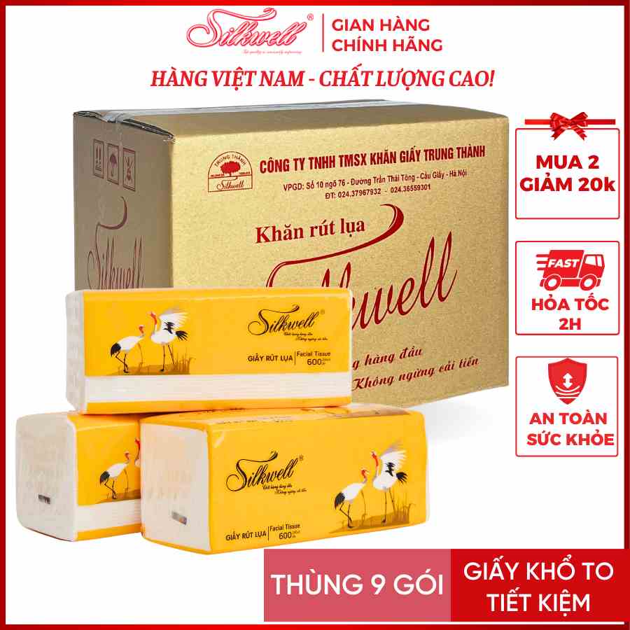 Thùng 9 giấy ăn rút Silkwell Sếu 200 tờ 3 lớp hàng cao cấp, lụa mềm mịn không tẩy trắng chính hãng