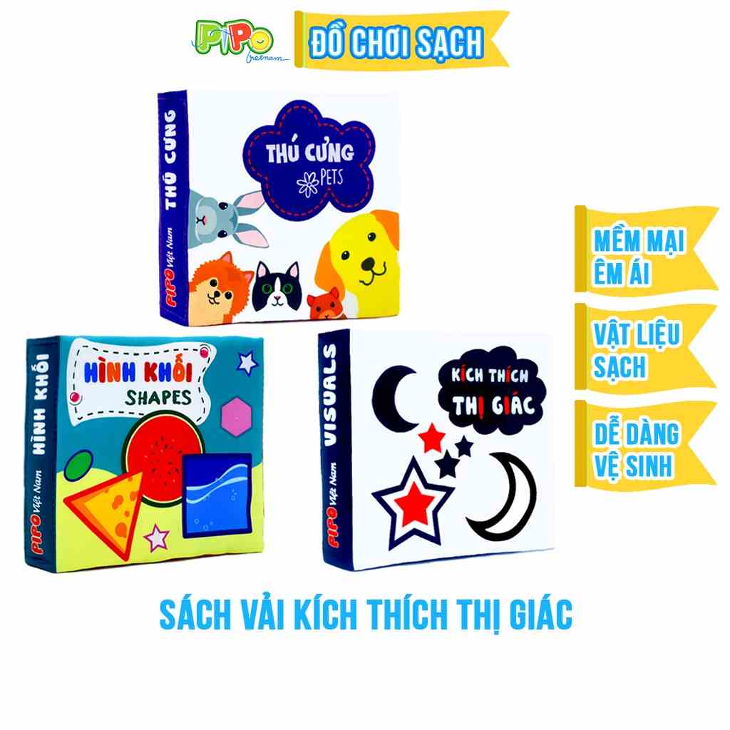 Bộ 3 sách vải sơ sinh PiPoVietnam kích thích thị giác chủ đề Thú cưng, Hình khối, Kích thích thị giác