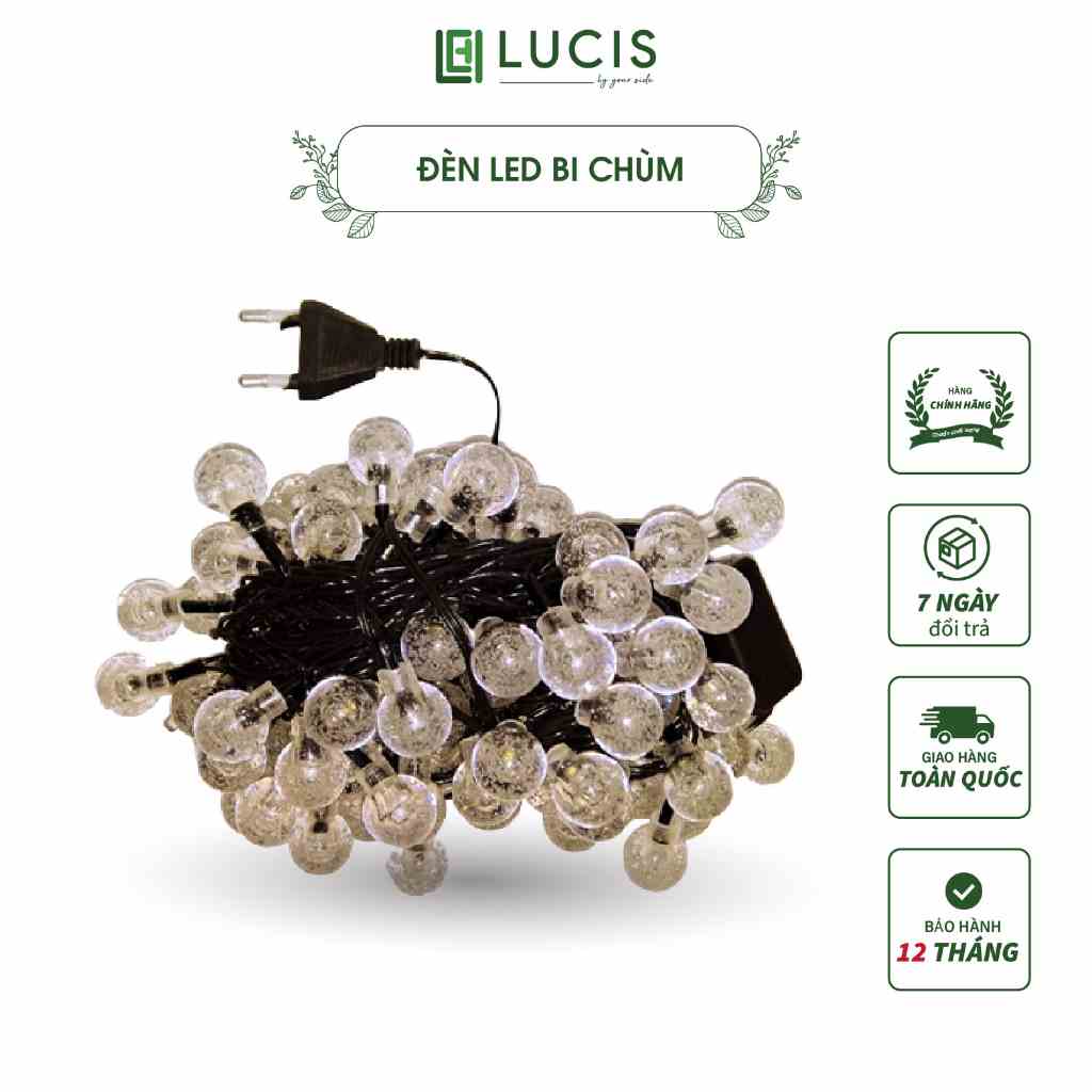 Dây đèn Led Lucis trang trí Cherry Ball bi bọt dài 10 mét bóng pha lê, có phích nối dài dây