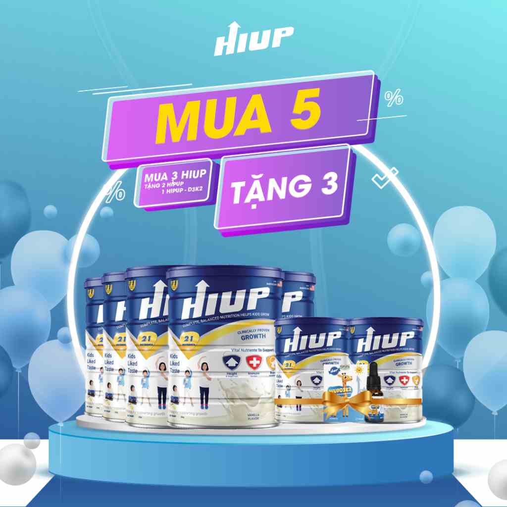 Combo mua 5 tặng 1 HiupD3K2 và 2 hộp sữa bột HIUP tăng chiều cao cho trẻ từ 2 đến 15 tuổi