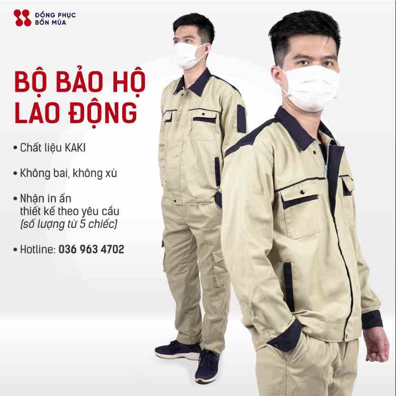 Quần áo bảo hộ lao động thương hiệu Đồng Phục Bốn Mùa chất vải kaki 3/1 phối màu dày dặn, bền bỉ đẹp sẵn hàng kèm video