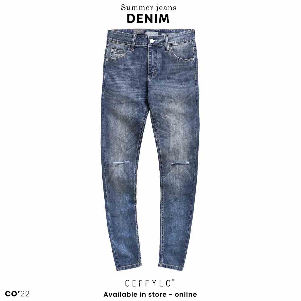 [Mã BMLTA35 giảm đến 35K đơn 99K] Quần Jeans rách gối Xanh Đậm nam form slimfit CEFFYLO , chất Jean thun co giãn nhẹ