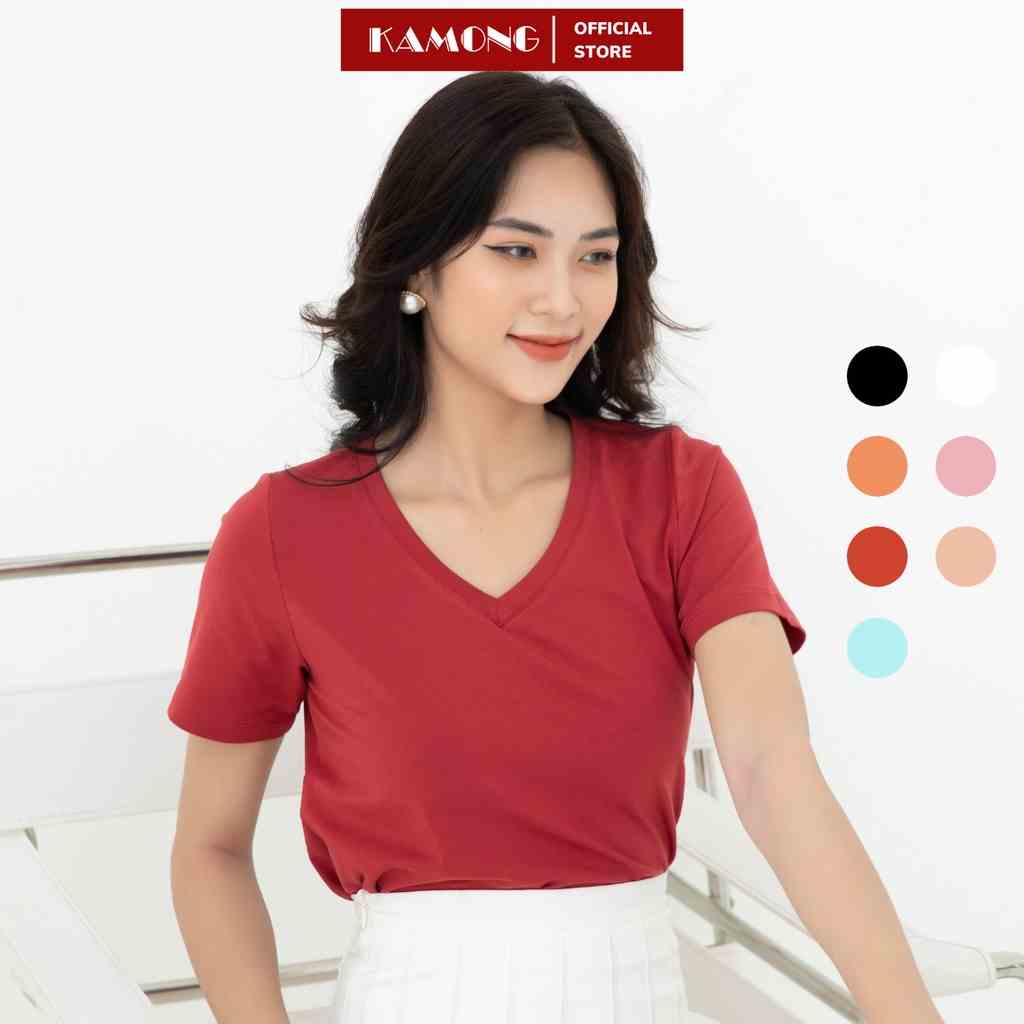 Áo thun nữ cổ tim tay ngắn KAMONG vải cotton 100% cao cấp