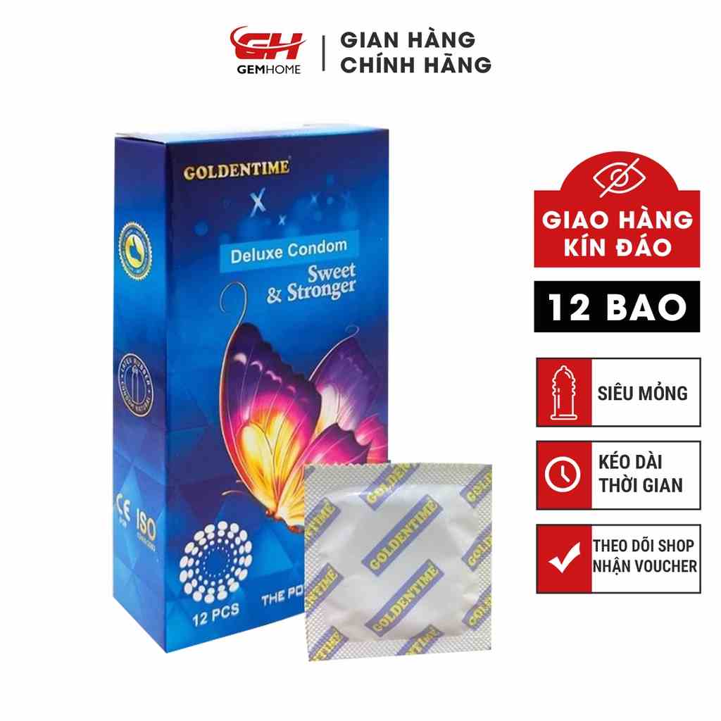 [Mã BMLT35 giảm đến 35K đơn 99K] Bao cao su Goldentime gai nhỏ li ti tăng khoái cảm kéo dài thời gian hộp 12 bao GEMHOME