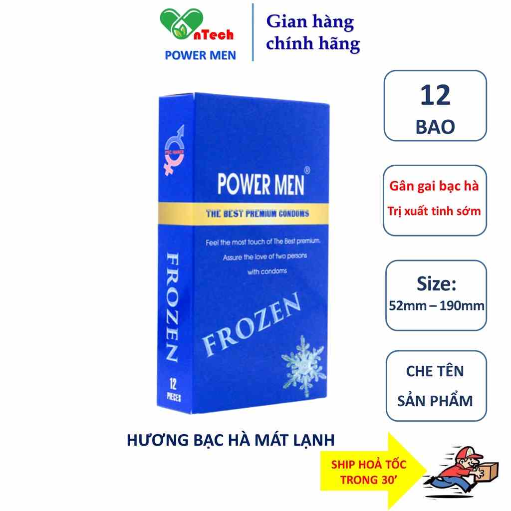 Bao cao su Powermen Frozen gân gai tăng khoái cảm hương bạc hà mát lạnh kéo dài thời gian hộp 12 bcs