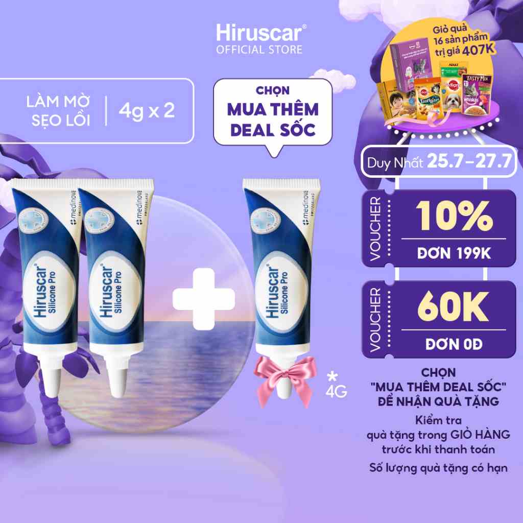 Bộ 2 Gel xử lý sẹo mổ, to, lồi & phì đại Hiruscar Silicone Pro 4g