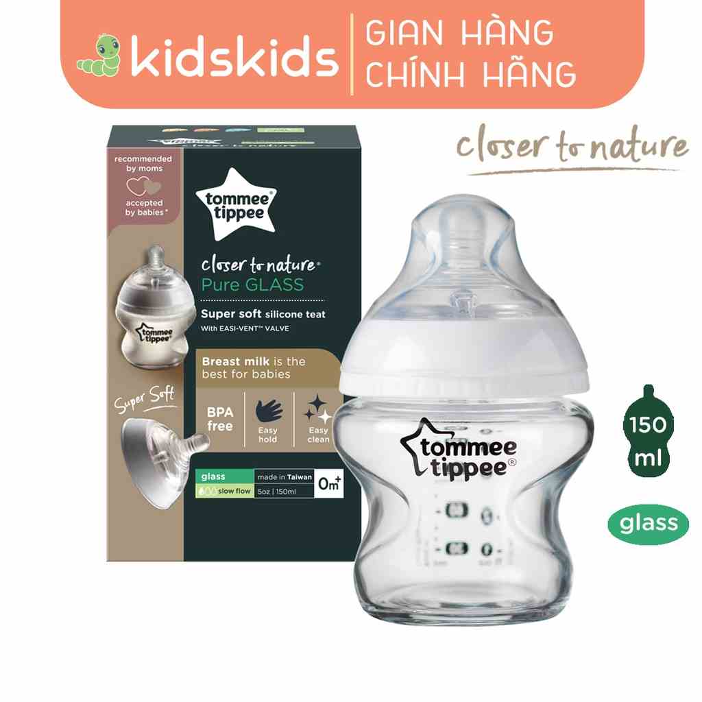 Bình sữa thủy tinh ty siêu mềm tự nhiên Tommee Tippee Closer to Nature 150ml, núm ty đi kèm 0-3 tháng