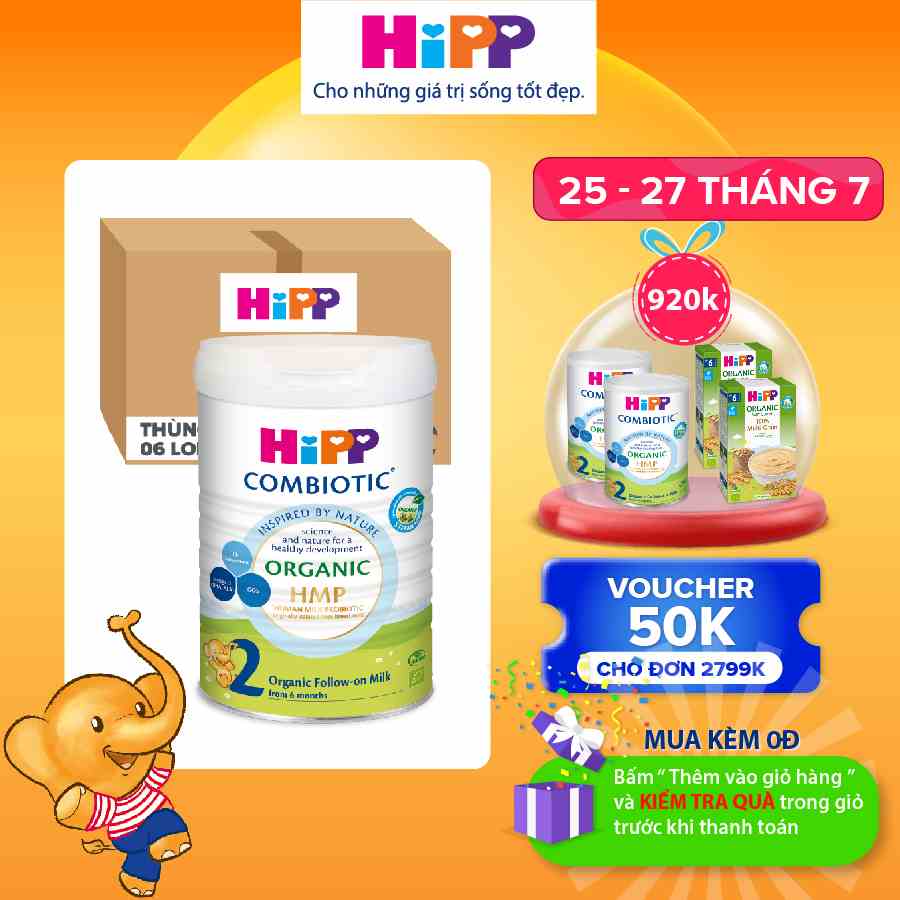 Thùng 6 lon Sữa bột công thức HiPP 2 Organic Combiotic 800g bổ sung DHA trực tiếp (6 lon x 800g).