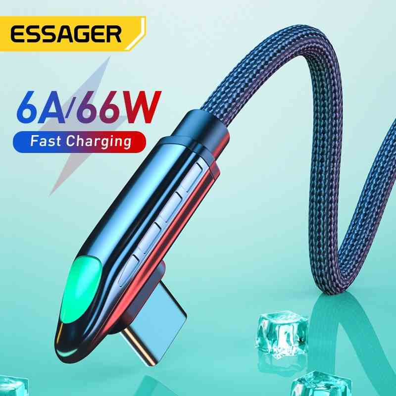 Dây Cáp Dữ Liệu Essager 6A 66W USB Type C USBC 90 Độ Sạc Nhanh 5A Có Đèn LED