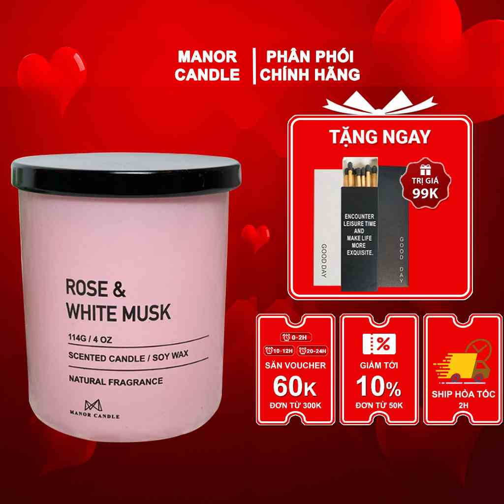 Nến Thơm Cao Cấp Rose & White Musk Size 4 OZ Hương Thơm Mềm Mại Lãng Mạn - Chính Hãng Manor Candle