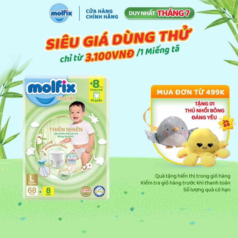 Tã/bỉm quần Molfix Thiên nhiên Ultra L (9kg 13kg) Gói 68+8 miếng