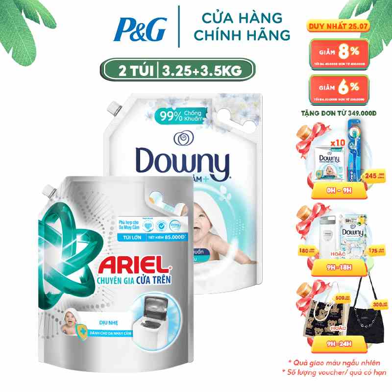 Combo Nước Giặt ARIEL Dịu Nhẹ Túi 3.25Kg/3.2Kg VÀ Nước Xả Vải DOWNY Cho Da Nhạy Cảm 3.5L