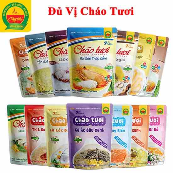 14 Vị Cháo Tươi Cây Thị - Bào ngư, Yến, Gà ác, Cá hồi, Cá lóc, Tôm, Ếch, Lươn, Bò, Heo, Hải sản, Cá chẽm, Gà nấm, Rau củ