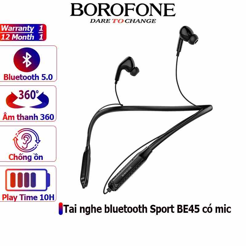 Tai nghe nhét tai bluetooth BOROFONE BE45 Sport chống ồn, không dây, nghe nhạc đàm thoại 10 tiếng - Chính hãng