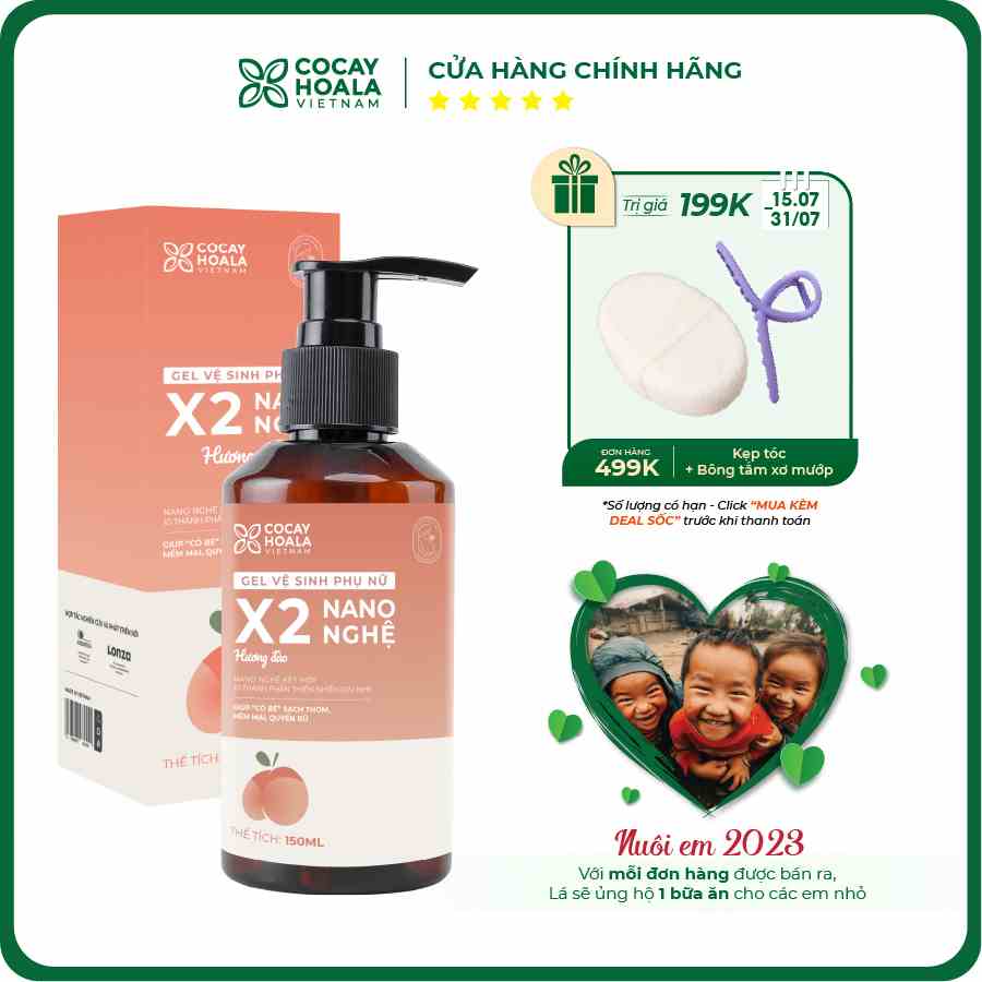 Dung dịch vệ sinh Phụ nữ Gel X2 Nano Nghệ COCAYHOALA VIETNAM - Đào Chín Hồng Mềm Mại Lưu Hương 24h - 150ml/chai