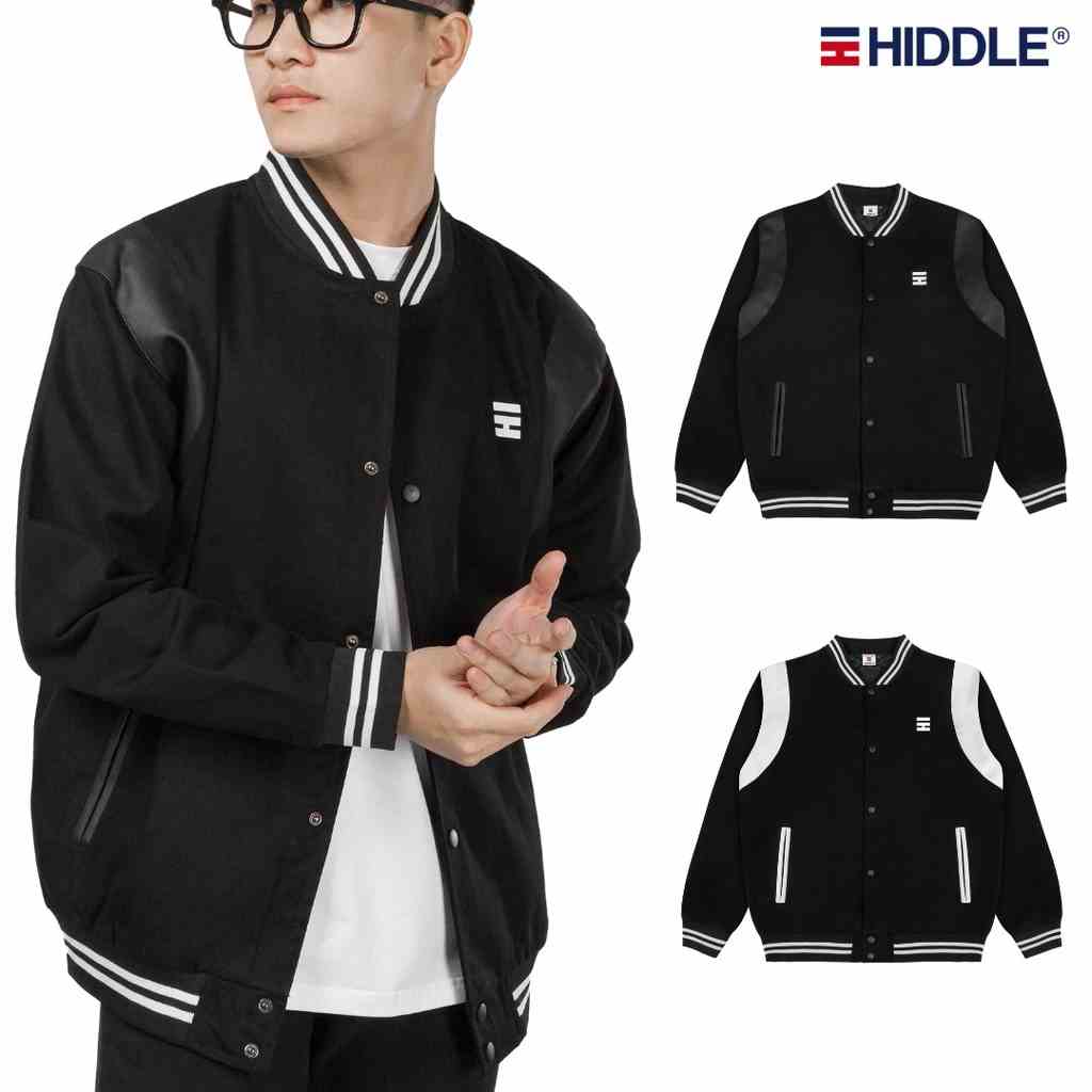 Áo khoác nam bomber Varsity vải kaki nút bấm có túi trong đựng đồ tay phối da HIDDLE (Trắng, Đen) | H05-AK2