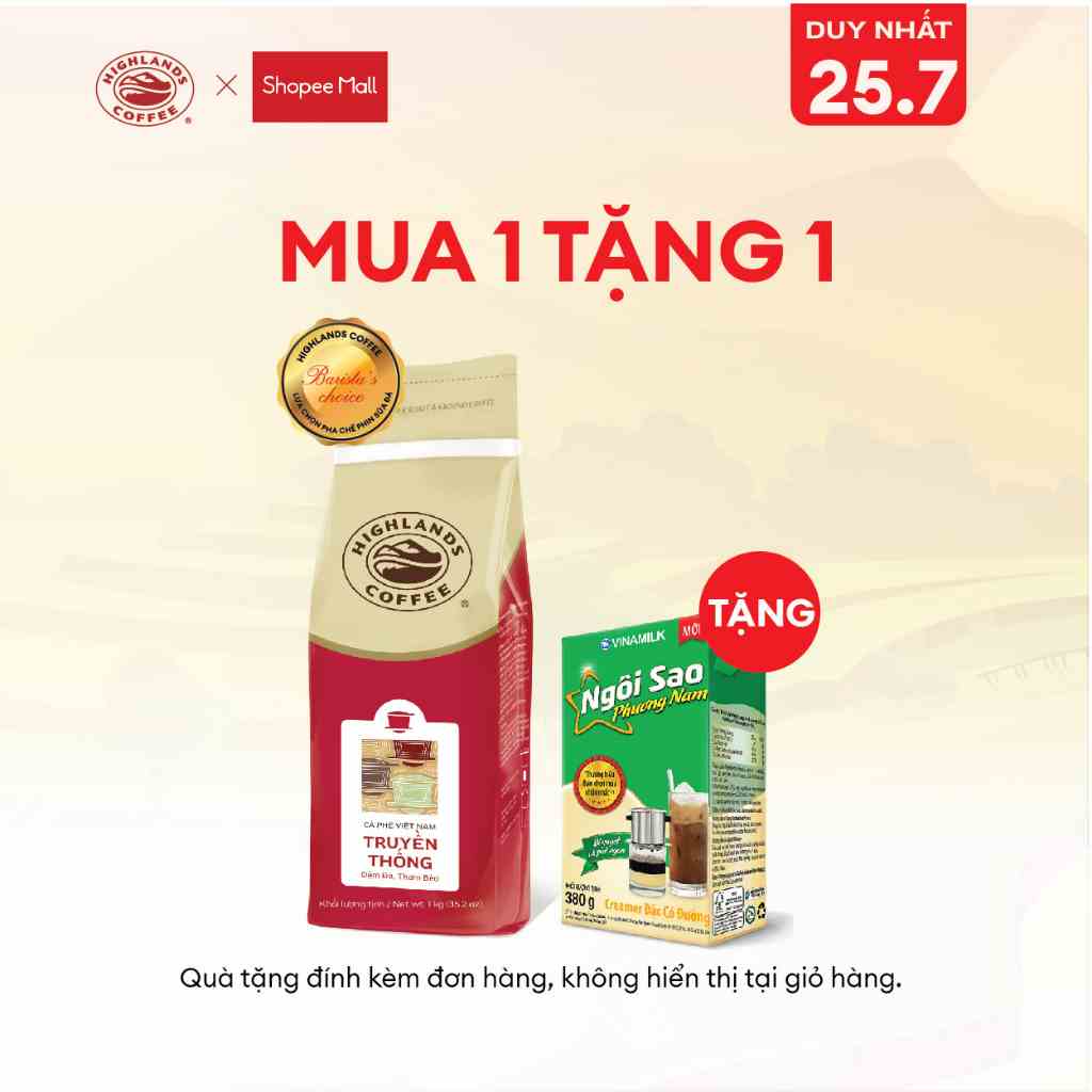 MUA 1 TẶNG 1 -  Cà phê bột Truyền thống Highlands coffee 1kg Tặng 1 hộp sữa đặc