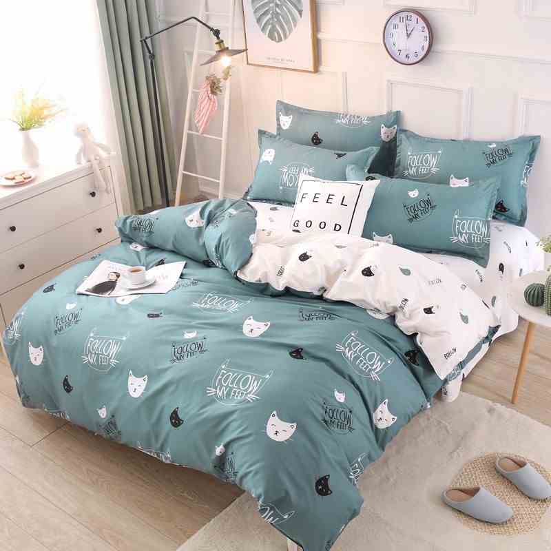 Bộ chăn ga gối cotton LIDACO mặt mèo xanh FS