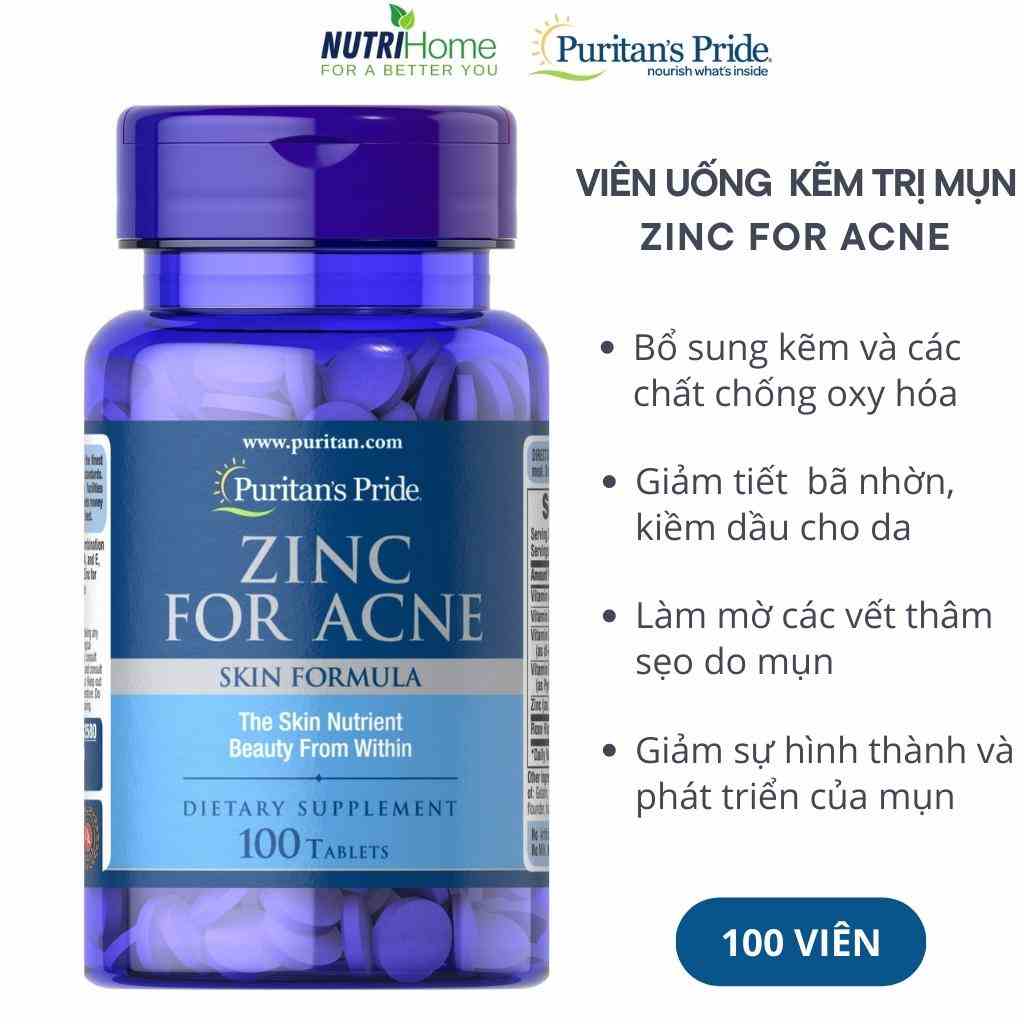 Viên uống Kẽm giảm mụn Zinc for Acne Puritan’s Pride kiềm dầu cho da, ngăn mụn, giảm thâm mụn (Nutri Home) (100 viên)