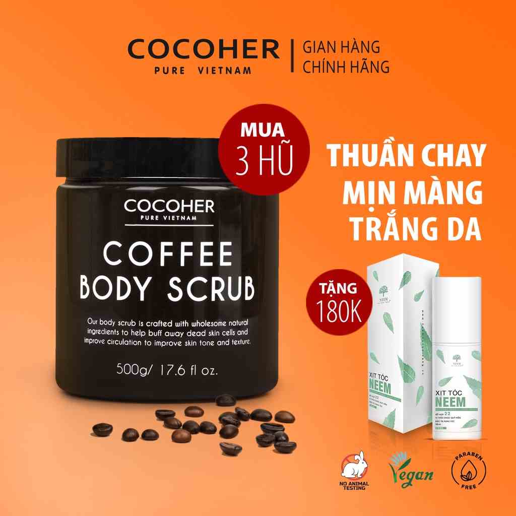 Combo 3 hộp Tẩy tế bào chết trắng da cà phê hữu cơ COCOHER Daklak hộp 500gr cho lan da trắng sáng mịn màng tức thì