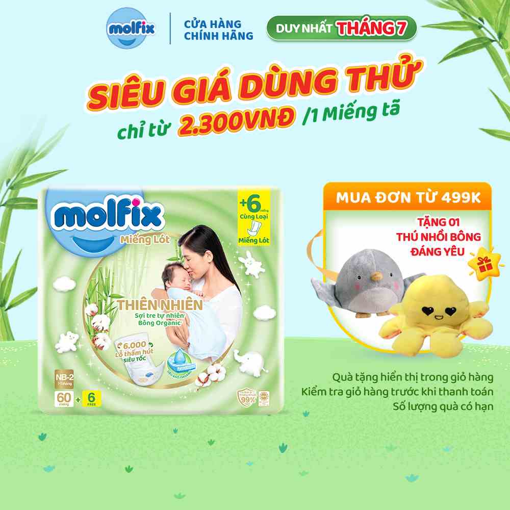 Miếng lót sơ sinh Molfix Thiên nhiên S.Jumbo Newborn 2 (trên 1 tháng tuổi) - Gói 60+6M